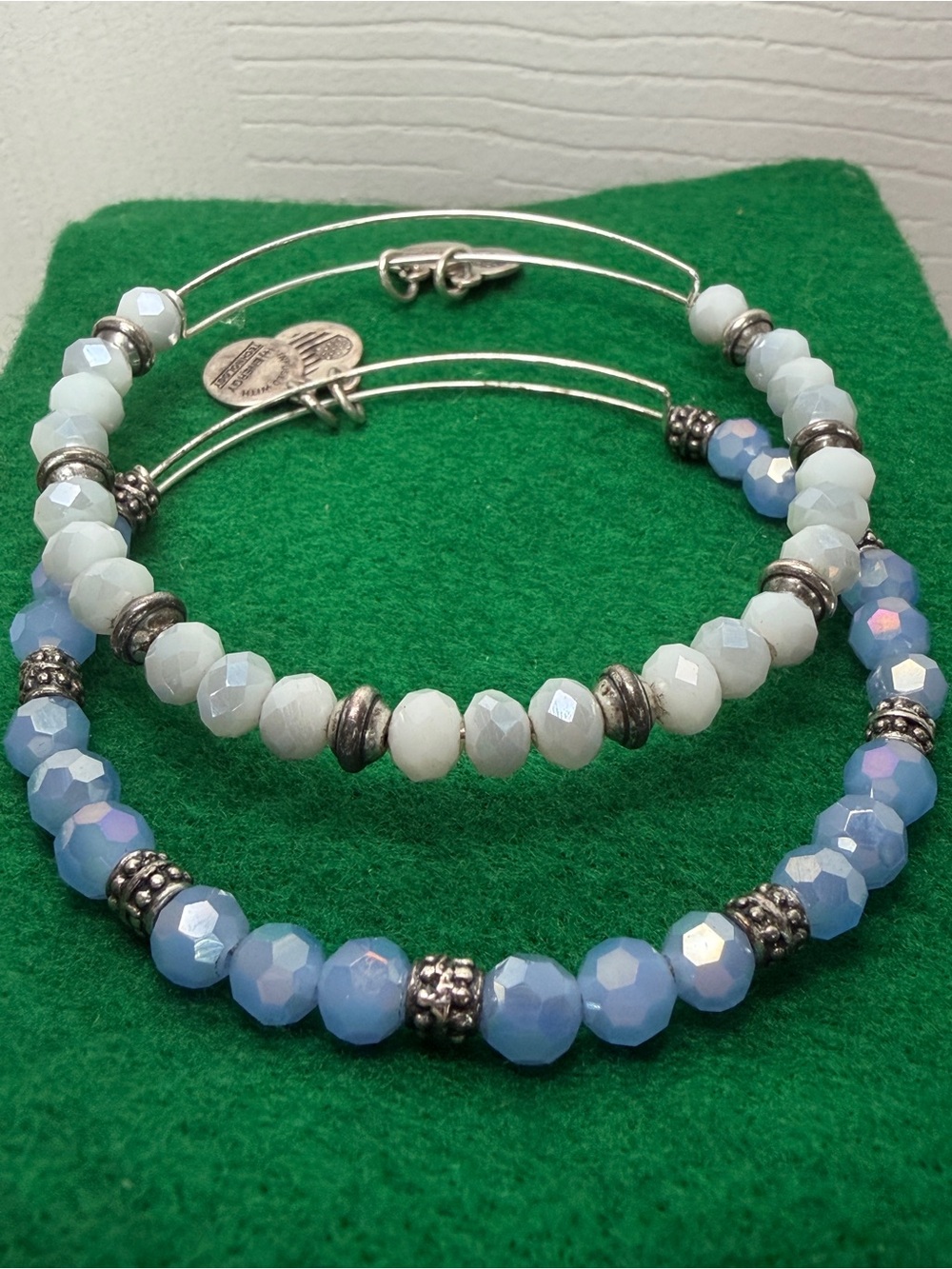 Alex and Ani Blue and White Crystal Bead Expandable Bracelet Set of 2